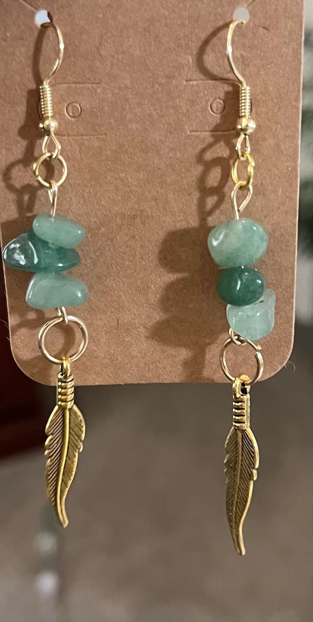 Earrings Aqua Chip Gold Feather